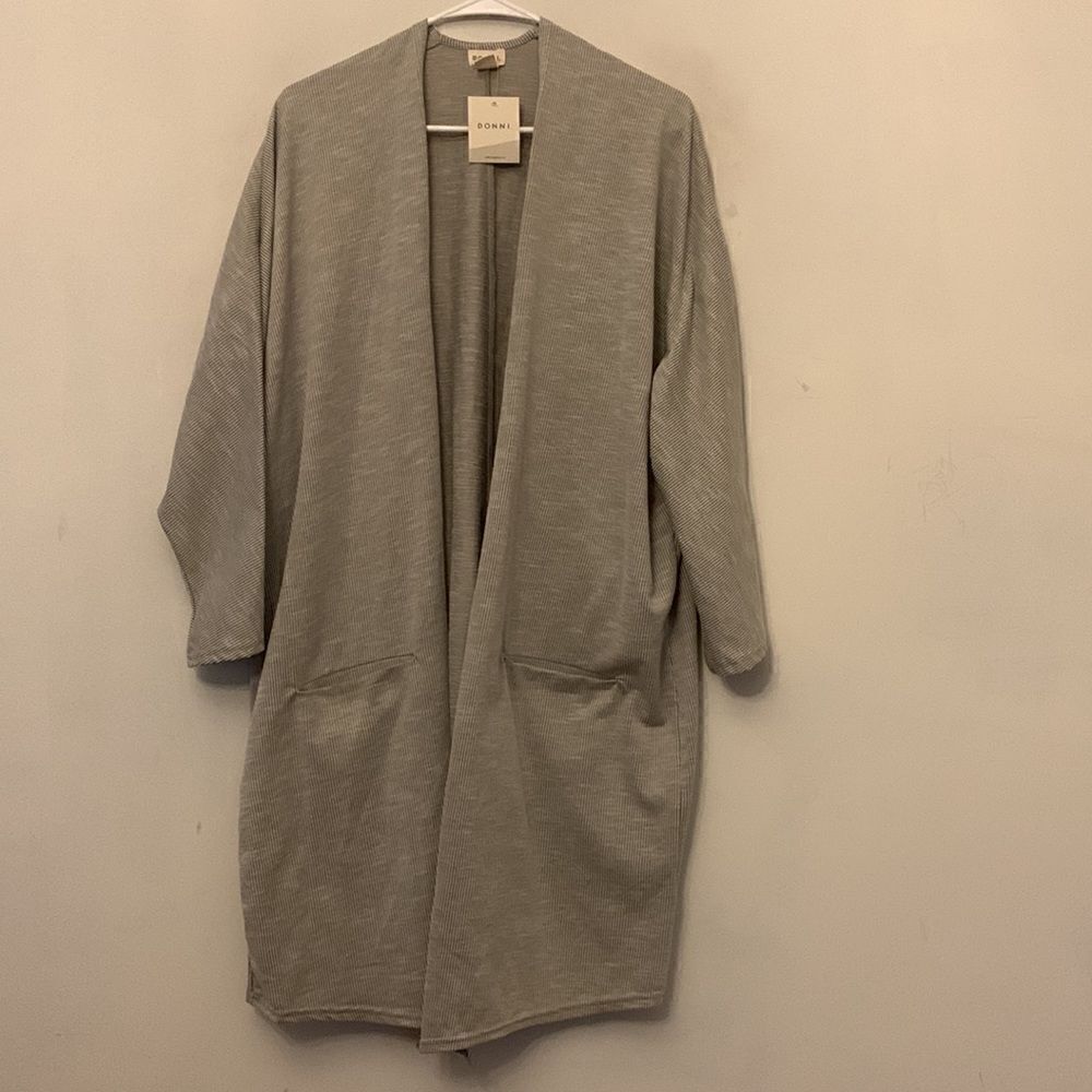 DONNI sage white striped front pocket long open cardigan Size OSFA Plus NWT - Picture 5 of 9